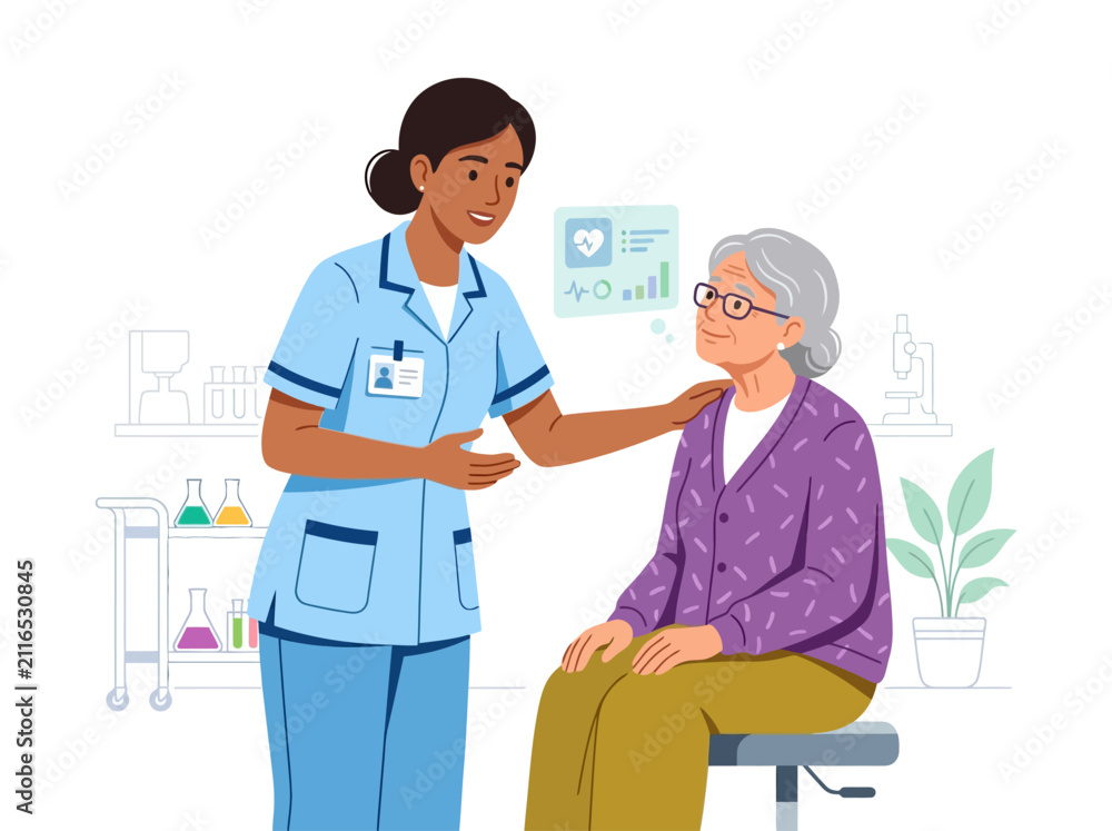 Fototapeta premium Caring Nurse Interacts With Elderly Patient Discussing Health Progress