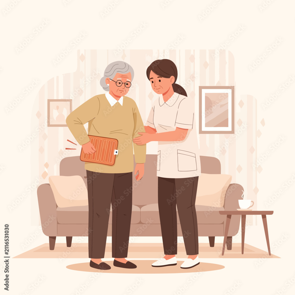 Fototapeta premium Caring Nurse Assists Elderly Woman With Pain Relief