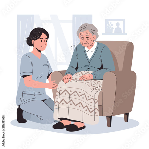 Caring Nurse Comforting Elderly Woman In Armchair Home Care Support