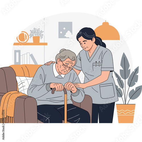Caring Nurse Comforts Elder Man Sitting In Chair With Walking Stick Assistance