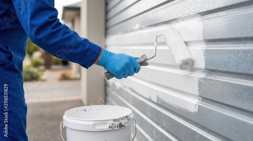 Professional painter applying fresh white paint to a residential garage door with a paint roller. Home improvement, exterior renovation, property maintenance and house makeover concept