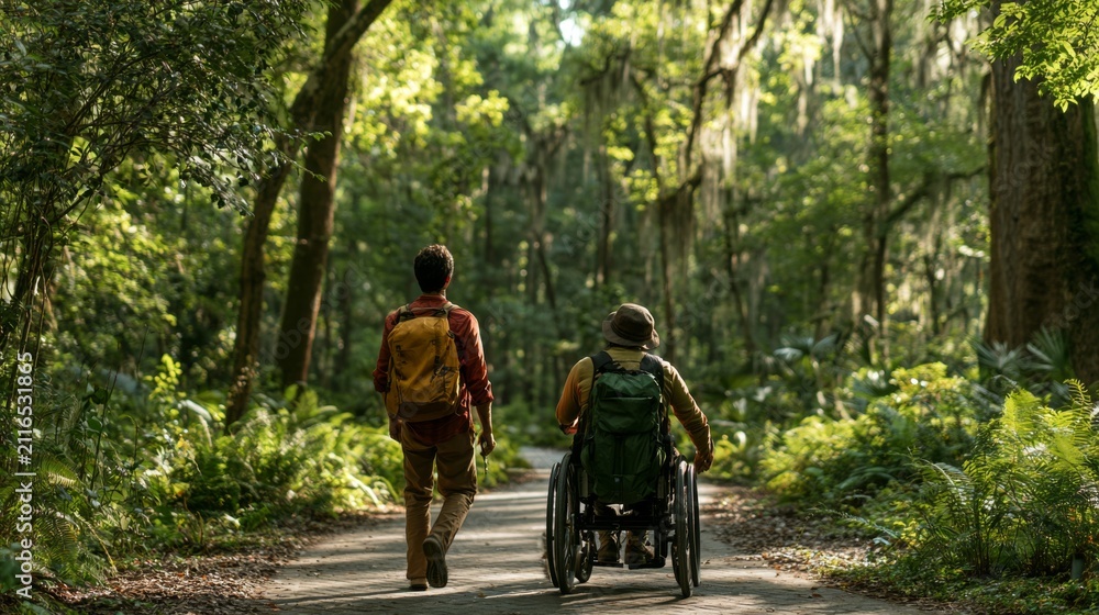 Fototapeta premium Person in Wheelchair Exploring Accessible Nature Trail Surrounded by Lush Greenery and Tall Trees