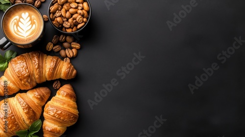Fresh croissants, latte coffee and roasted coffee beans arranged on a black background with generous copy space. Cozy breakfast and café menu concept