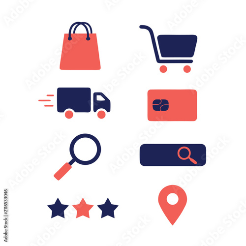 Flat vector set of e-commerce and online shopping icons including shopping cart, storefront, credit card, checkout, shopping bag, search, delivery truck, and location pin, minimal modern style, bold c