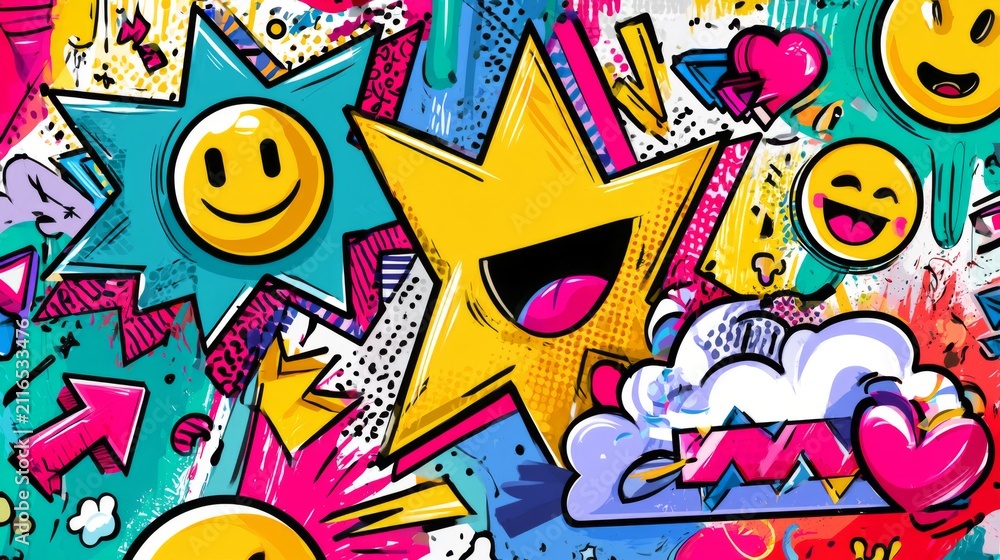 Obraz premium Vibrant Pop Art Background with Oversized Comic Symbols and Expressions in Bright Colors