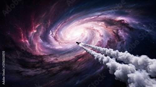 Small rocket silhouette flying toward a massive spiral nebula in deep space.