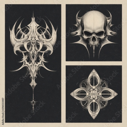 Gothic dark fantasy illustrations: skull designs, winged insect, occult symbols, intricate dot art, Mystical ancient symbolism, esoteric tattoo art, and mythical death motifs