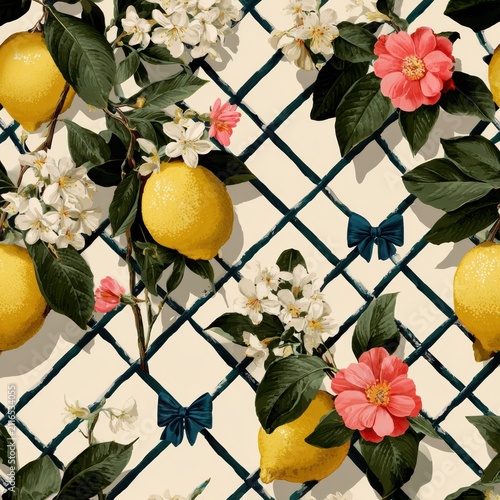 Seamless botanical pattern with lemons, blossoms, pink flowers, and lattice, Charming vintage garden print for textiles, packaging, and home decor