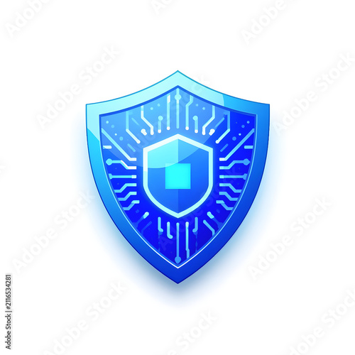 Blue Cyber Security Shield Icon with Digital Circuit Protection Design
