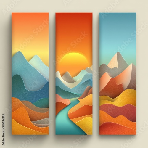 Vibrant abstract landscapes depicting serene mountains and colorful sunsets inspire creativity and calm