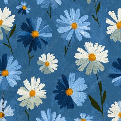 Vibrant floral pattern with painterly daisies and bold blue leaves on a textured indigo background