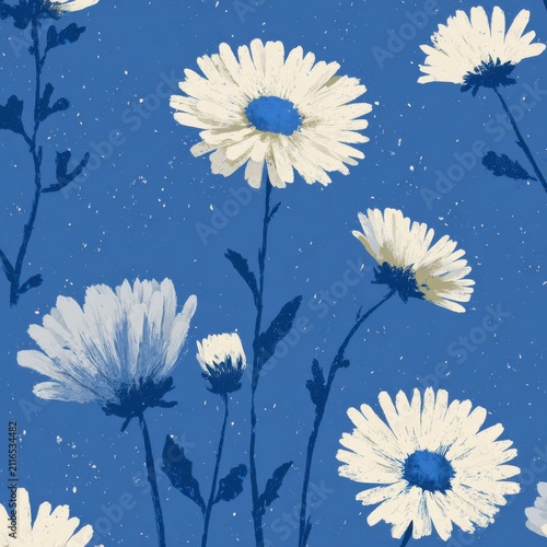 Vibrant floral pattern with painterly daisies and bold blue leaves on a textured indigo background