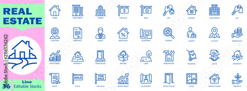 Real estate line icon. Collection includes home, apartment, tower, for sale, sold, key, agent, contract, mortgage. Editable Stroke. Vector Illustration.