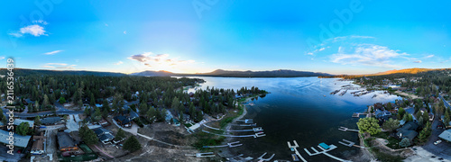 Big Bear Lake, California, July 25, 2026: Big Bear Lake, California, as seen from a UAV Drone looking at the Village and the Marina at Sunset