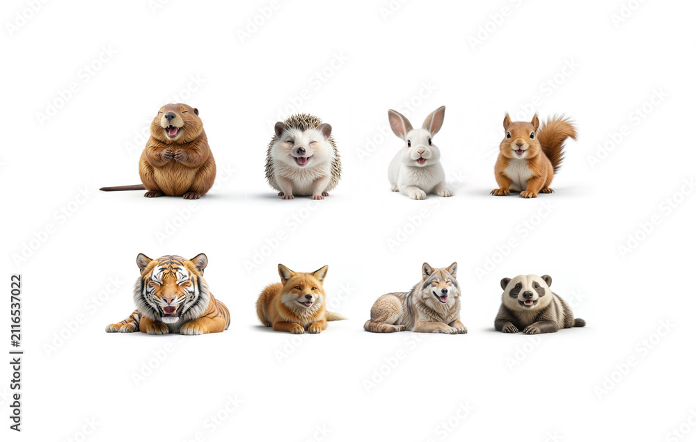 Fototapeta premium Happy wild animal emotions collection, ai generated. Cheerful facial expressions and playful emotion, isolated. Cute wildlife set with beaver, hedgehog, rabbit, squirrel, tiger, fox, wolf, raccoon.