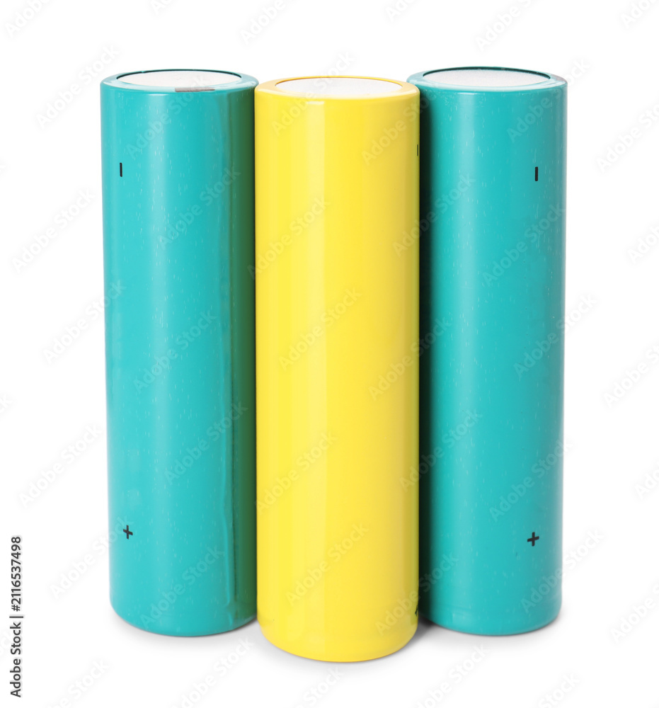 Fototapeta premium Three colorful alkaline batteries isolated on white