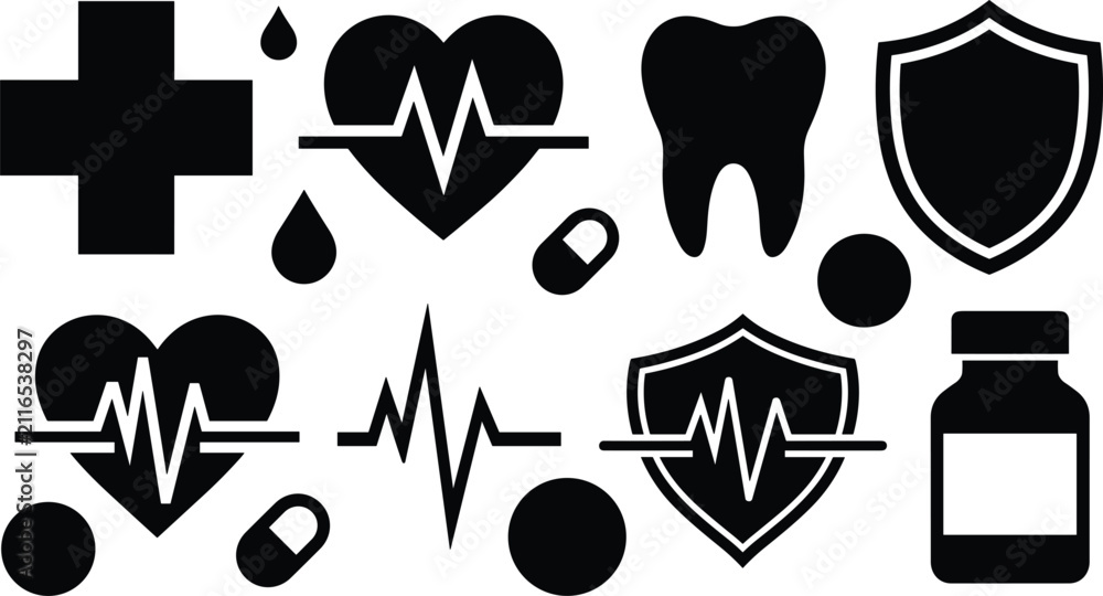 Fototapeta premium Medical Icons Collection Black Silhouettes On White Background