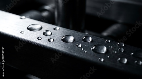 Macro close-up of water droplets on stainless steel surface as conceptual antimicrobial visual motifs for hygiene