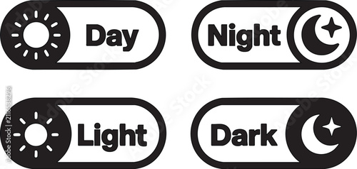 Day and night light and dark mode toggle switch icons for mobile app interface