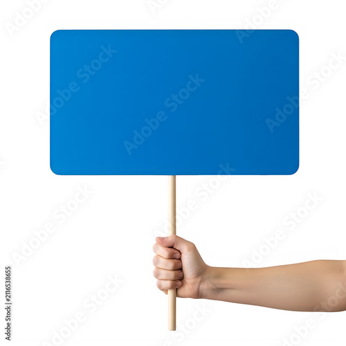 A person holding a blue blank sign on a wooden stick handle