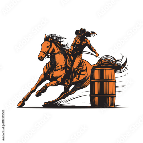 Cowgirl riding a horse in a barrel racing competition