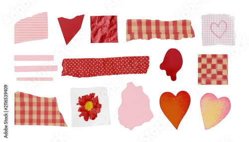Set of torn paper scraps for scrapbooking. Red paper elements with patterns and textures.