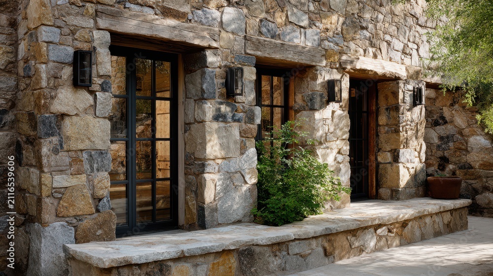 Fototapeta premium Rustic stone wall featuring modern windows, A stone structure with several windows and a matching stone bench