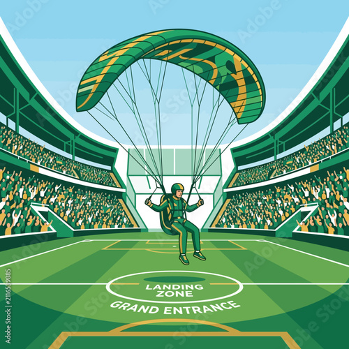 Paraglider Descends Into Soccer Stadium Landing Zone