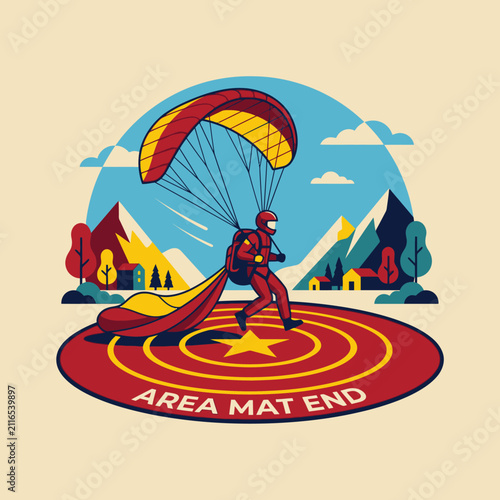 Paraglider Landing Safely On A Designated Zone With Mountains In The Background Illustration