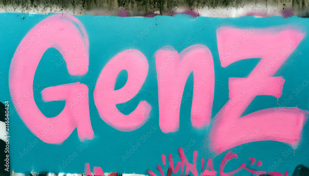 Obraz premium Painted on a weathered concrete wall, the graffiti mural features turquoise letters spelling out pink letters. It's an urban art creation, a vibrant expression of street culture and youth expression.