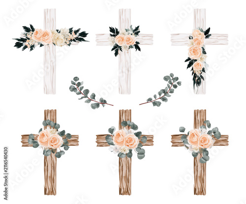Watercolor wooden crosses with flowers. Floral religious symbols for baptism and wedding.