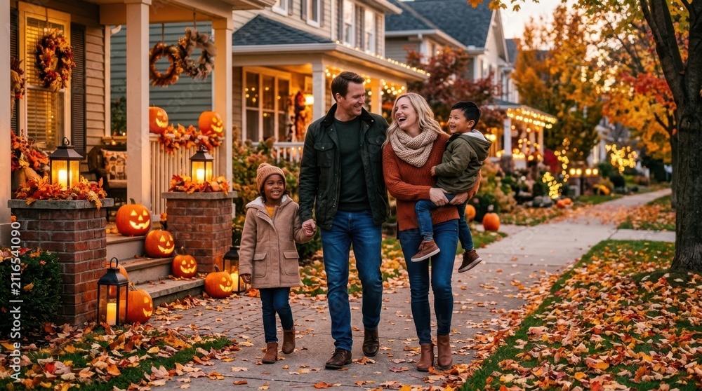 Obraz premium Happy family walks down a suburban street decorated for Halloween and autumn