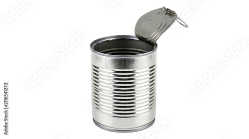Empty metallic tin can with an open lid isolated on a plain background
