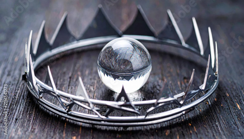 Ornate Crown with Reflective Glass Orb Sitting on Wooden Surface
