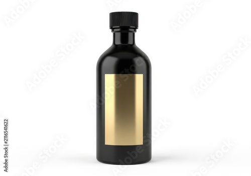 Elegant black bottle with gold label and black cap isolated on white background