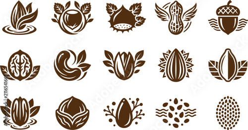 Collection of fifteen stylized dark brown vector icons representing various nuts and seeds, designed with minimalist shapes and organic, elegant nature-inspired aesthetic elements.