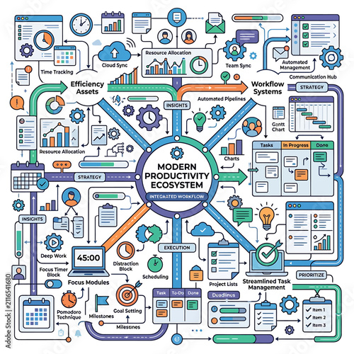 A comprehensive infographic illustrating the interconnected components of a modern productivity ecosystem.