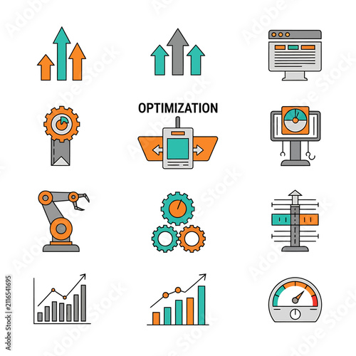 A collection of flat vector icons representing business optimization and industrial efficiency.