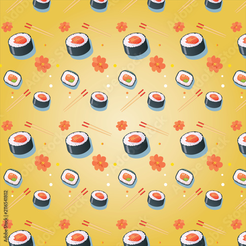 Seamless sushi pattern with nigiri, rolls and chopsticks illustration