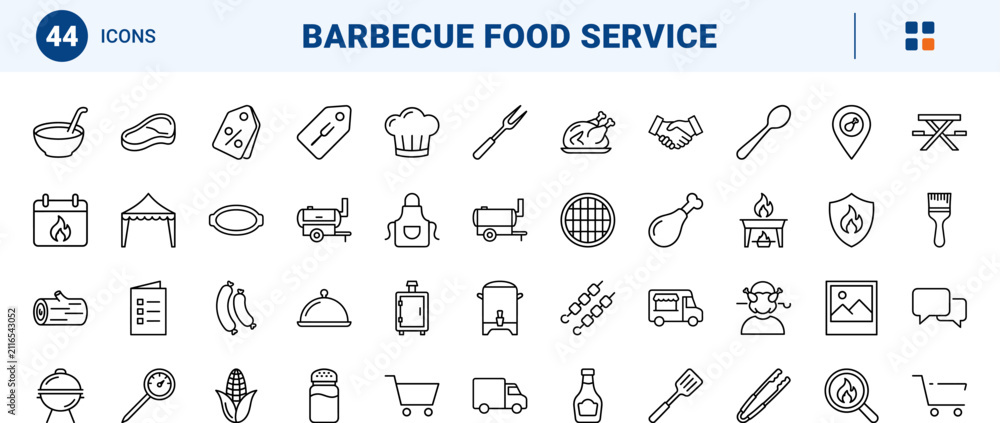 Fototapeta premium BBQ Catering line icon set. Vector pictograms of food, cooking, service, and event elements, thin linear illustration.