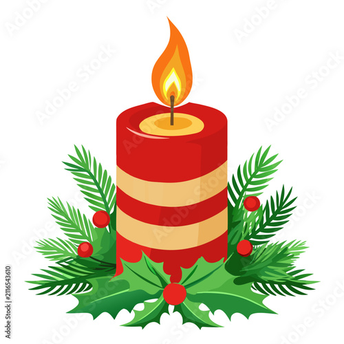 Christmas candle with flame, holly leaves and evergreen branches isolated on white backgroud.