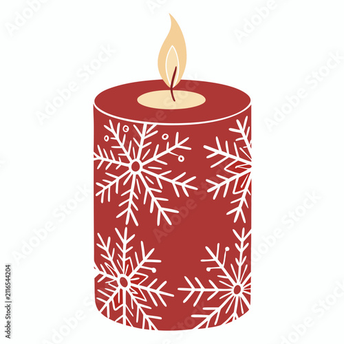 Red Christmas candle with snowflakes and flame, isolated illustration. on white background.