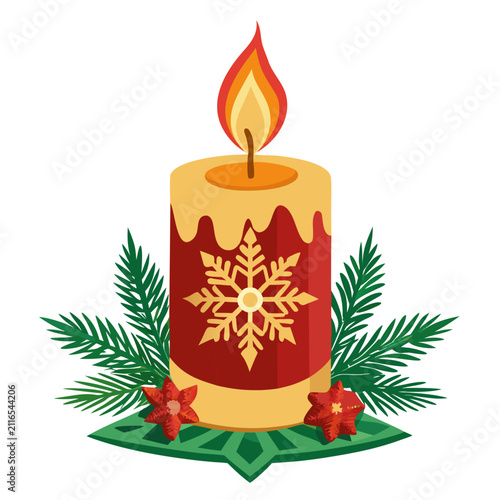 Christmas candle with holly and evergreen branches isolated on white background. Festive holiday illustration.