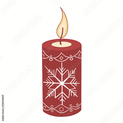 Red Christmas candle with white snowflake pattern and burning flame isolated on white background.