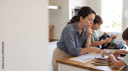 Mother assisting two boys with schoolwork and preparing for the day in the kitchen