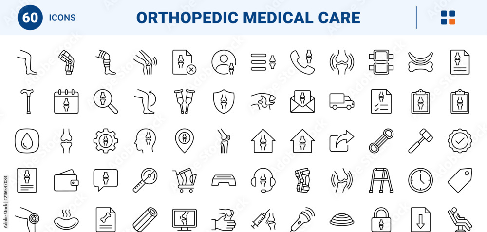 Fototapeta premium Knee clinic line icon set. Vector pictograms of medical, orthopedic, therapy, and healthcare elements, thin linear illustration.
