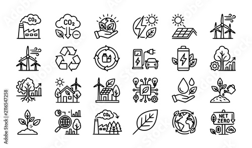 Net Zero sustainability outline icon collection vector