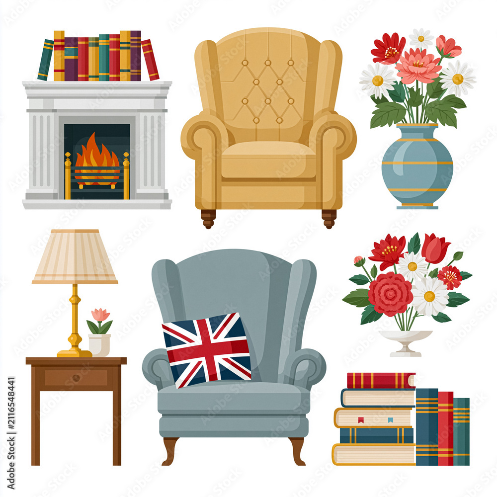 Obraz premium Cozy living room elements set on a white background, inviting comfort and relaxation, representing classic home interior decor