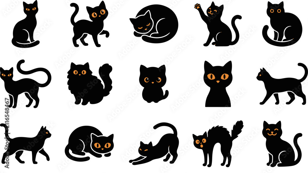 Obraz premium Set of various black cat silhouettes in different poses for halloween design elements and pet themed projects