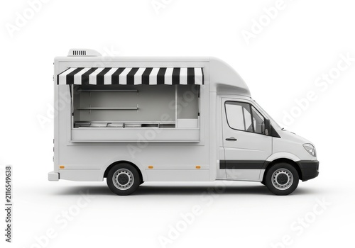 Classic food truck with stripes and service window isolated on white background